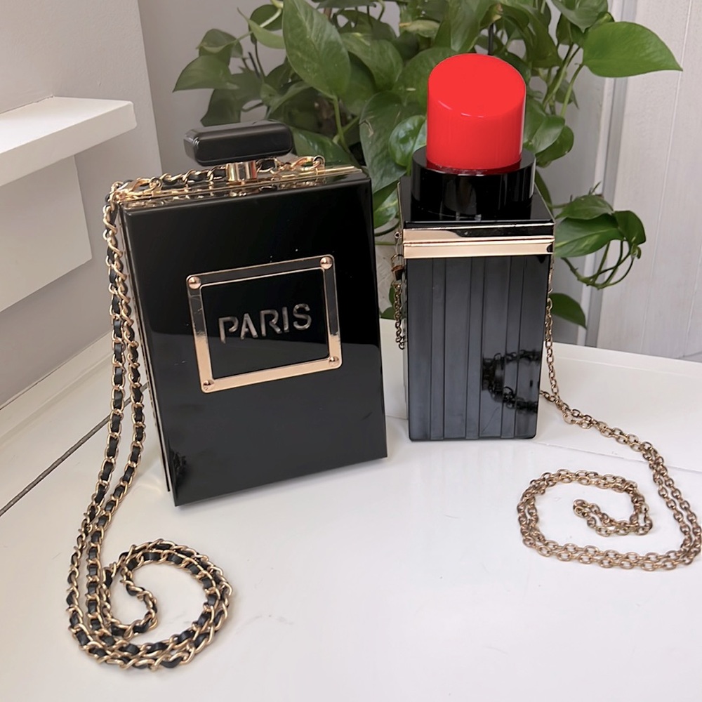 NWT-Black & Gold Paris Perfume & Lipstick Shaped Shoulder Bag Evening Bag Clutch
